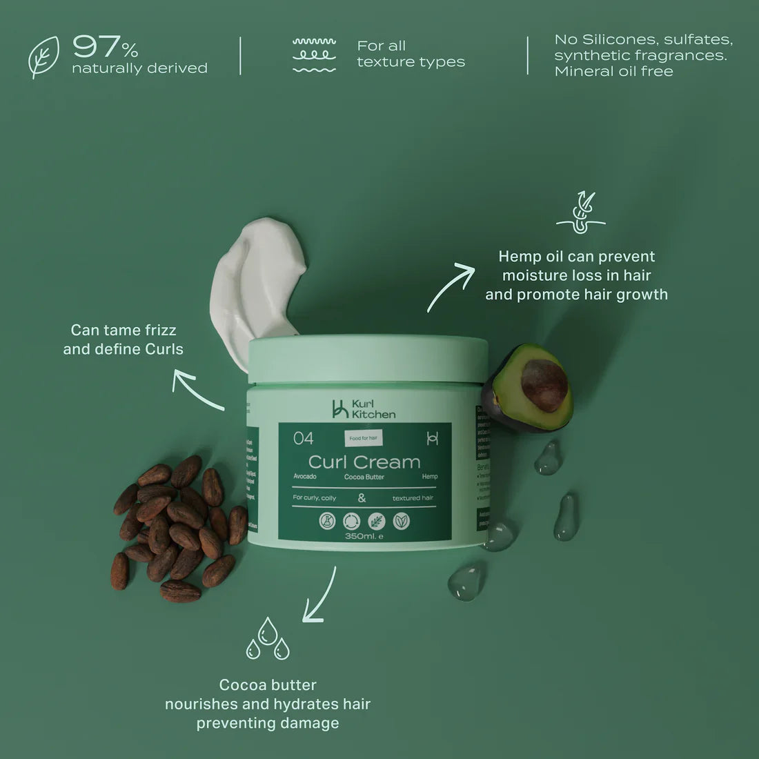 KURL KITCHEN Moisturising and curl defining avocado Curl Cream 350ML