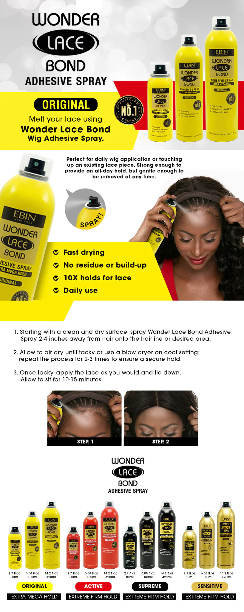 Ebin Wonder Lace Bond Wig Adhesive Spray Extra Mega Hold 180ml