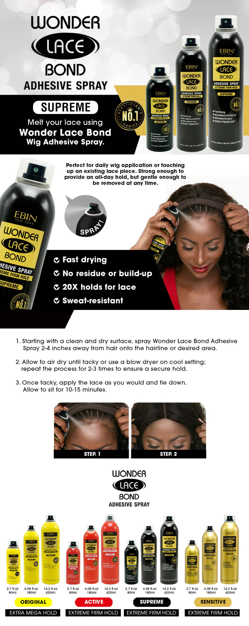 Ebin Wonder Lace Bond Wig Adhesive Spray Supreme 420ml