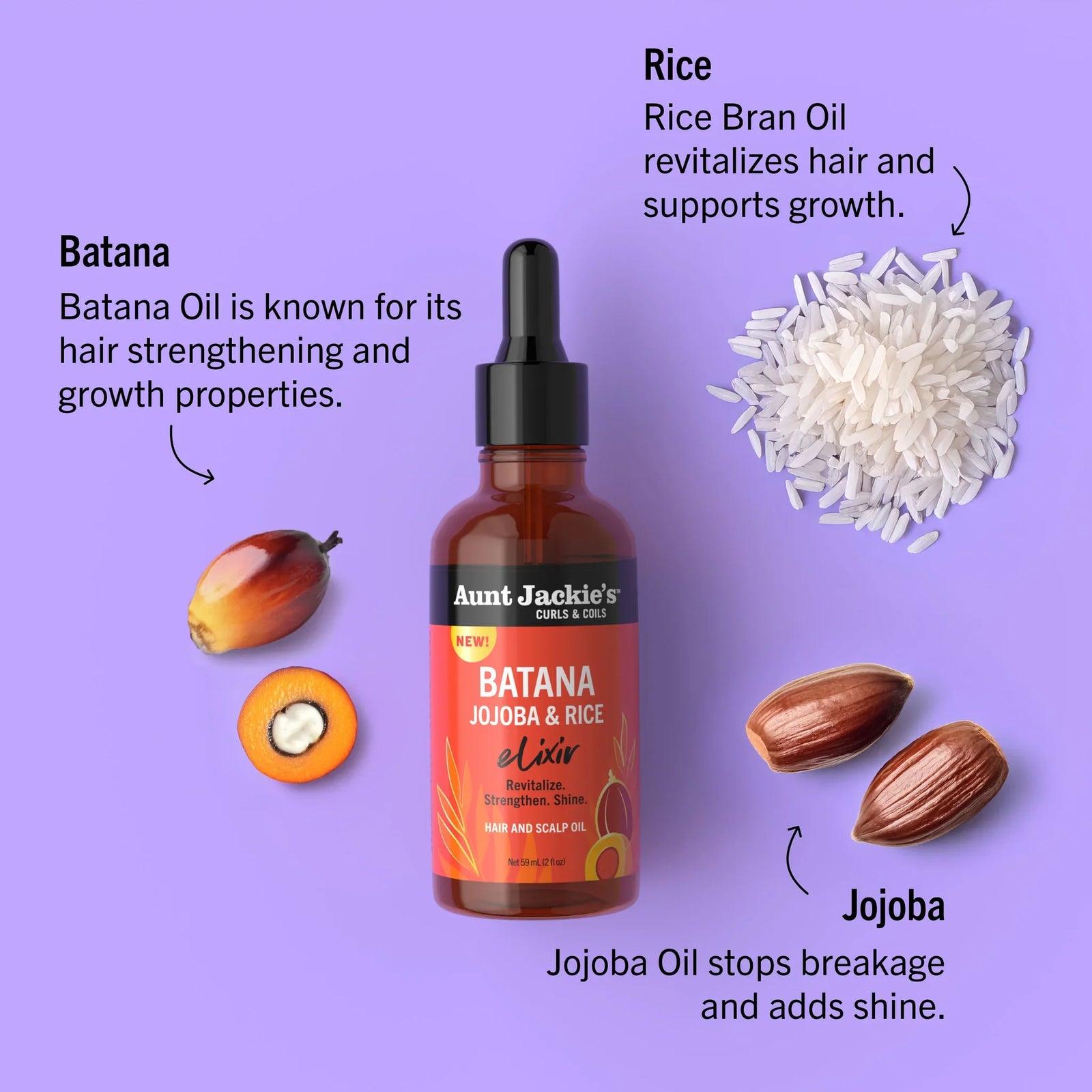 Aunt Jackie's Curls & coils  Batana, Jojoba & Rice Elixir Hair and Scalp Oil 59ml/2oz