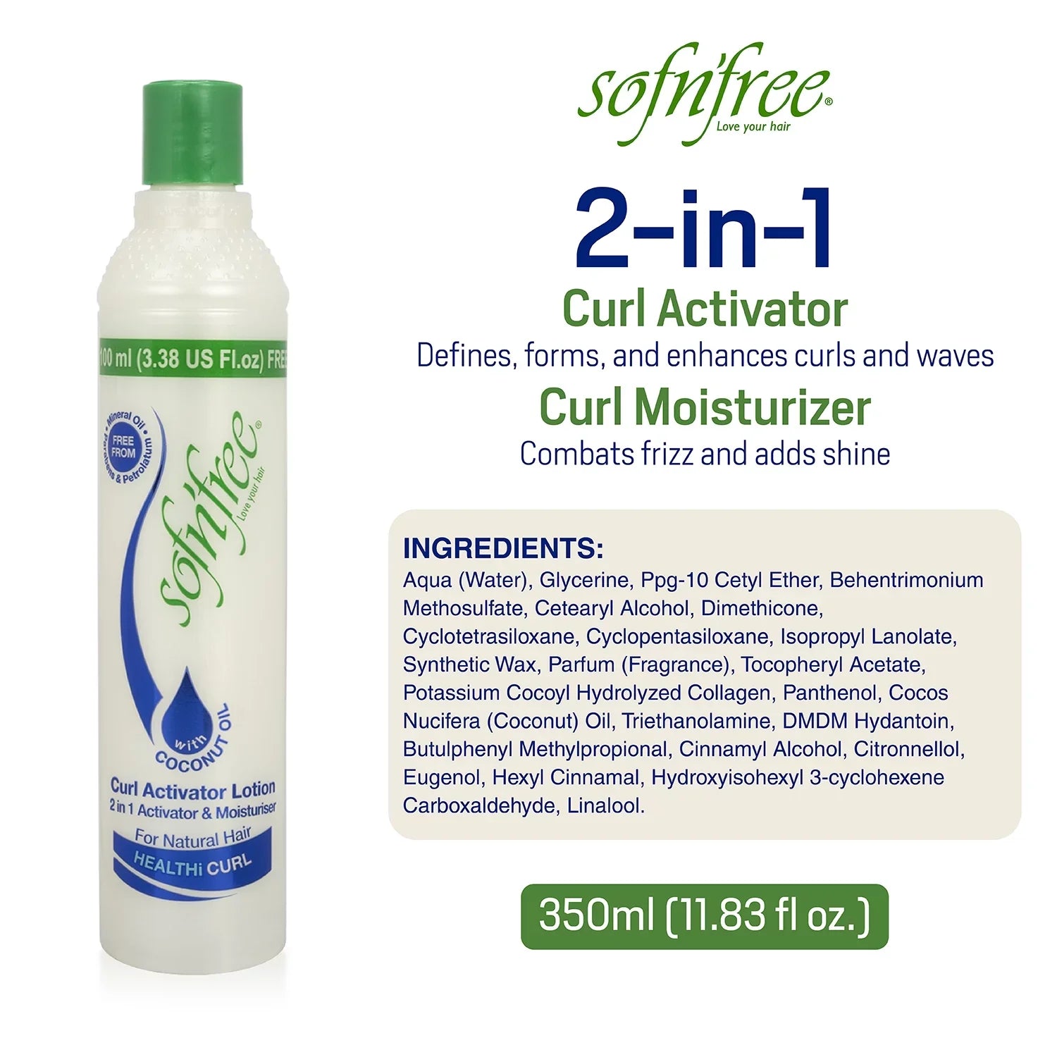 Sofn’Free Moisturizer & Curl Activator for Natural Hair, Soft Curls, and Waves 350ml