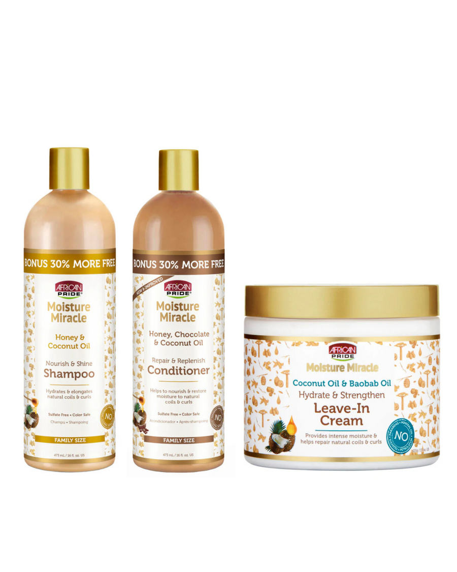African Pride Moisture Miracle Wash Day Essentials – Shampoo, Conditioner & Leave-In Conditioner Combo