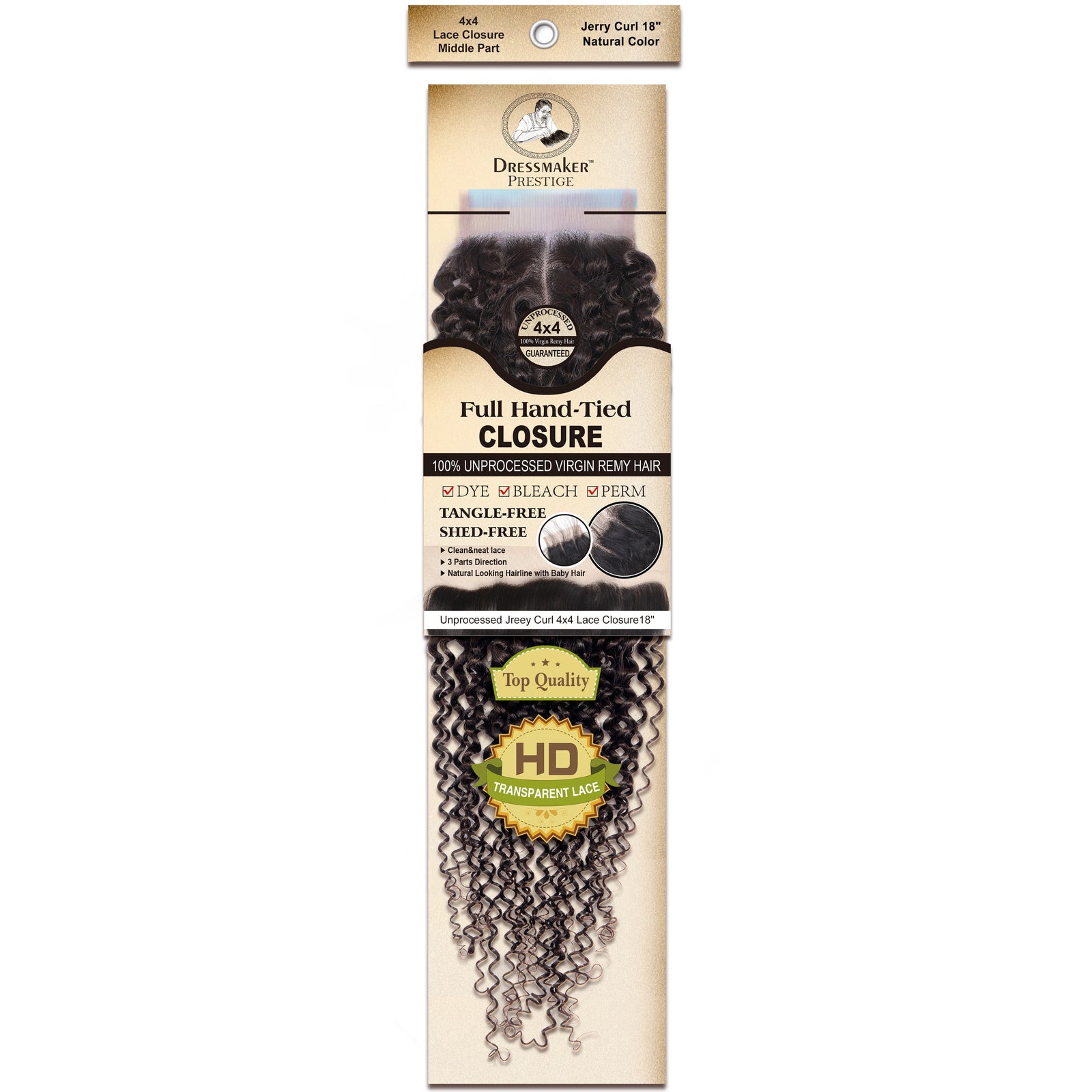 Dressmaker 100% Unprocessed Virgin Remy Jerry Curl Lace Closure Middle Part 4x4 Natural Color