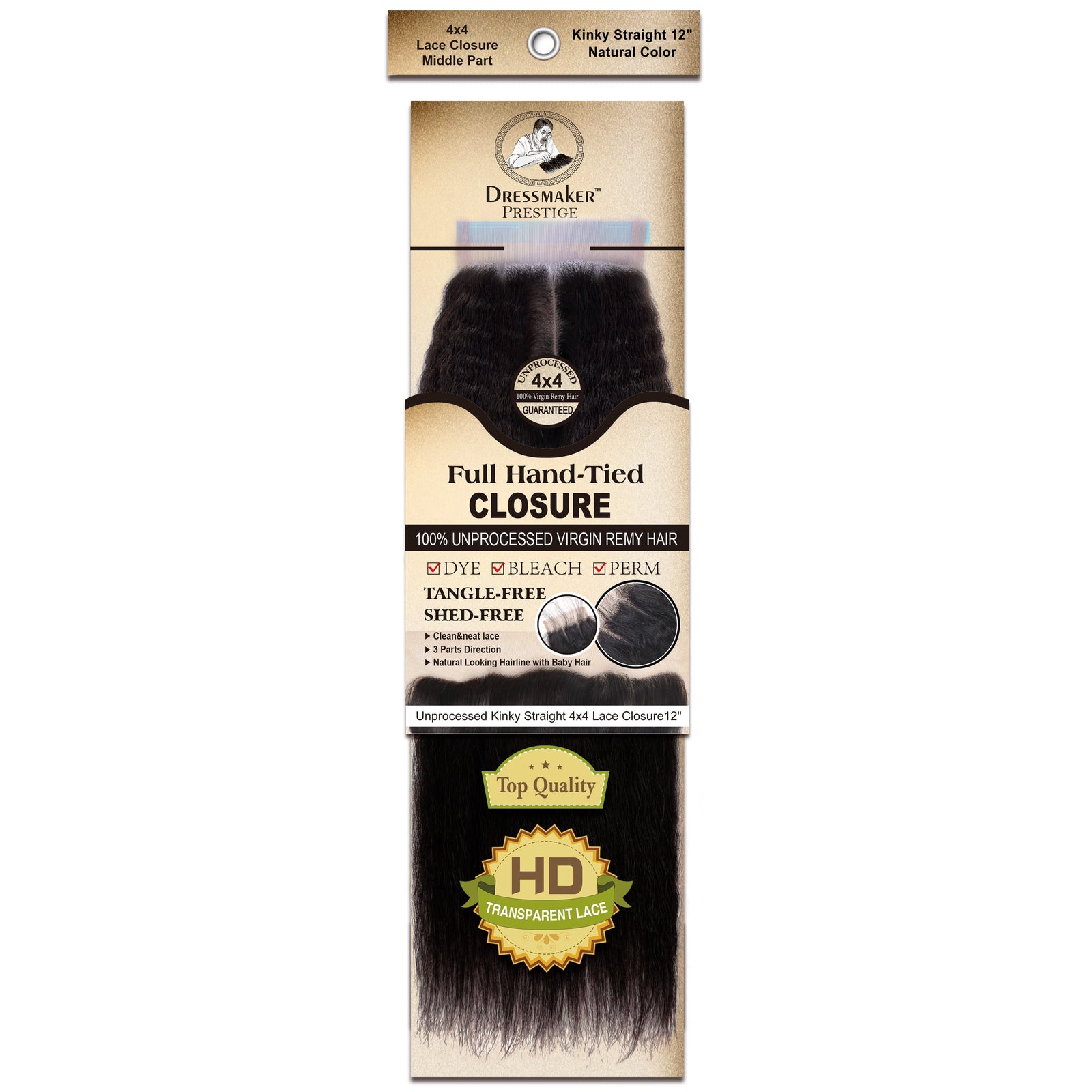 Dressmaker 100% Unprocessed Virgin Remy Kinky Straight Lace Closure Middle Part 4x4 Natural Color
