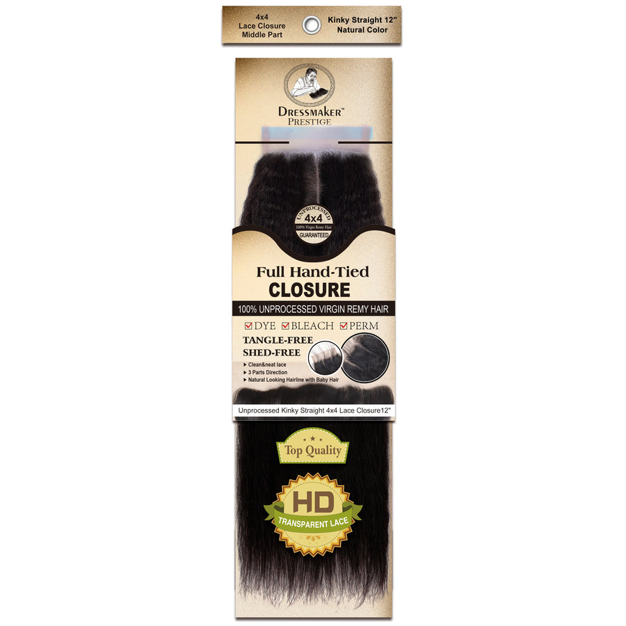 Dressmaker 100% Unprocessed Virgin Remy Kinky Straight Lace Closure Middle Part 4x4 Natural Color