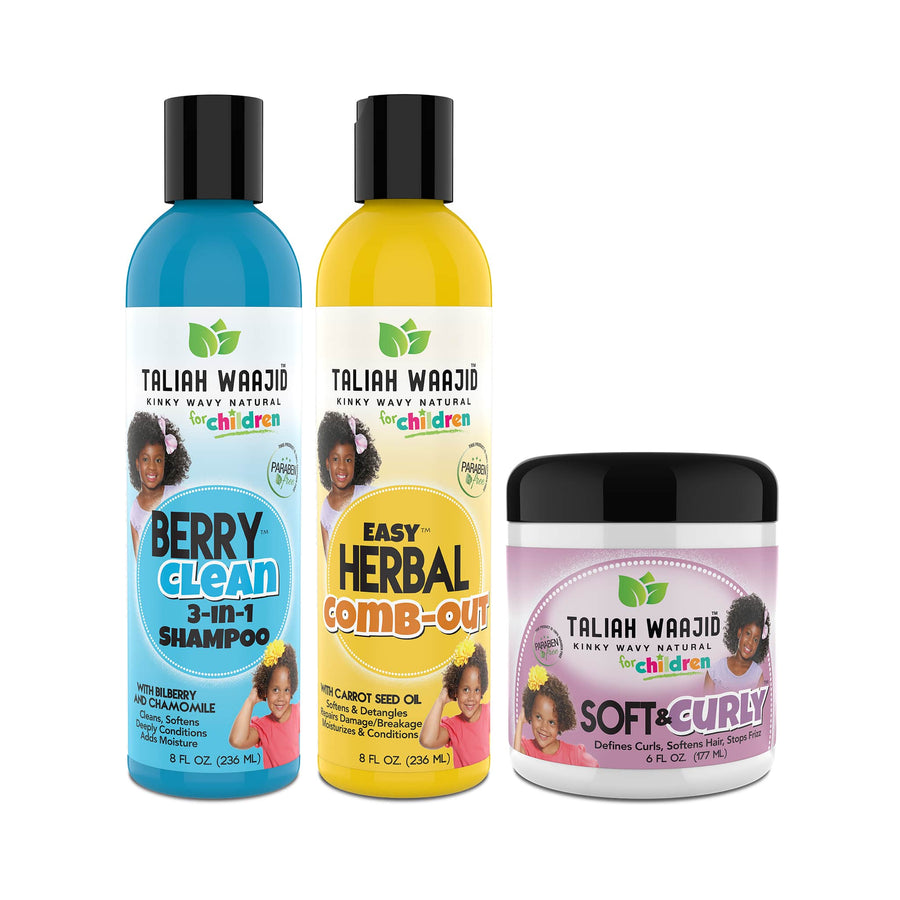 Taliah Waajid Children’s Curly & Wavy Hair Care Set Berry Clean 3-In-1 Shampoo 8oz + Easy Herbal Comb Out 8oz + Soft & Curly for Natural Hair 6oz)