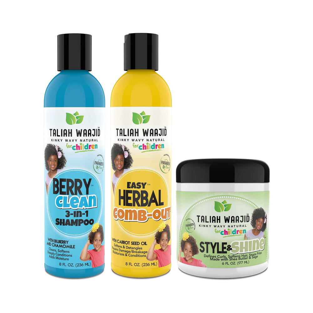 TALIAH WAAJID KINKY | WAVY | NATURAL ALL TEXTURES BUNDLE FOR KIDS |BERRY CLEAN 3-IN-1 8OZ|EASY HERBAL COMB OUT 8 OZ |HERBAL STYLE & SHINE FOR NATURAL HAIR 6 OZ