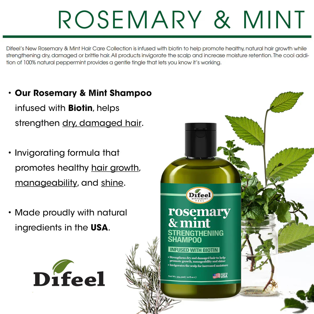 Difeel Rosemary & Mint Hair Strengthening Shampoo with Biotin 354ml