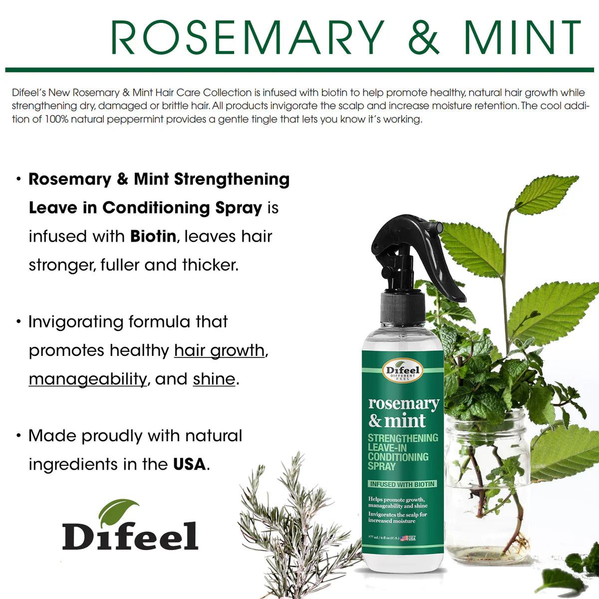 Difeel Rosemary & Mint Strengthening Leave-In Conditioning Spray with Biotin 177ml