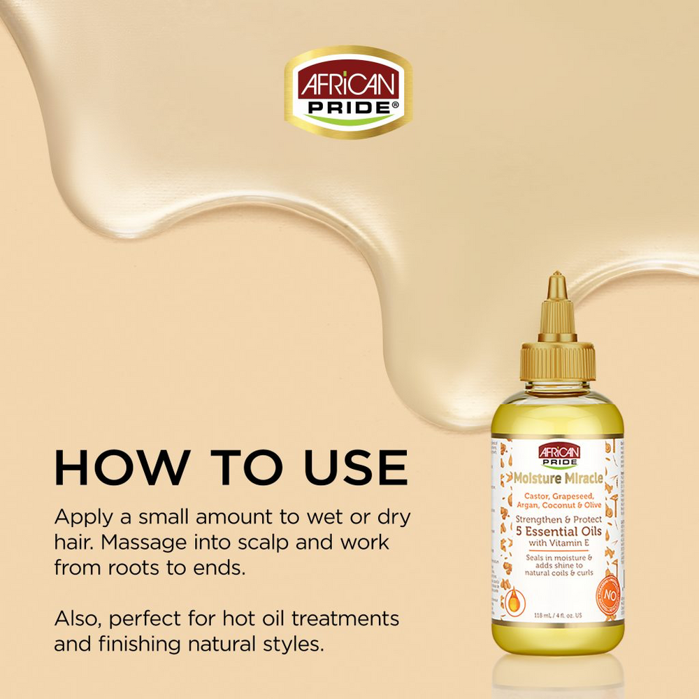 African Pride Moisture Miracle 5 Essential Oils (Castor, Grapeseed, Argan, Coconut & Olive) 118ml/4oz