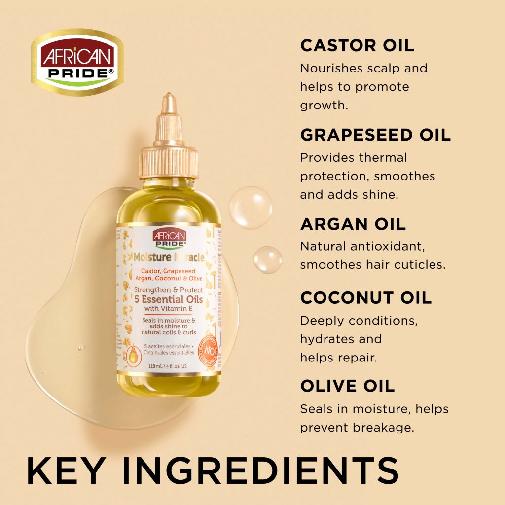 African Pride Moisture Miracle 5 Essential Oils (Castor, Grapeseed, Argan, Coconut & Olive) 118ml/4oz