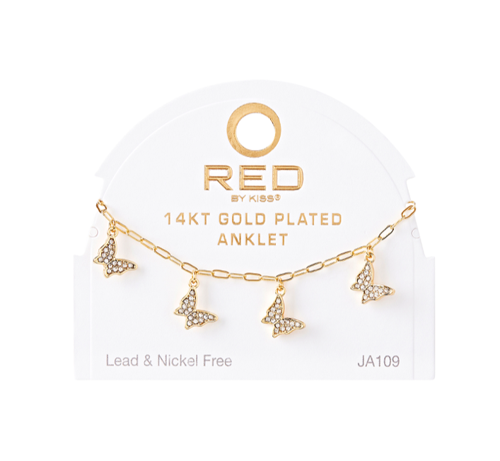 RED BY KISS 14 KT GOLD PLATED GLAM FAHION ANKLET STONE BUTTERFLY