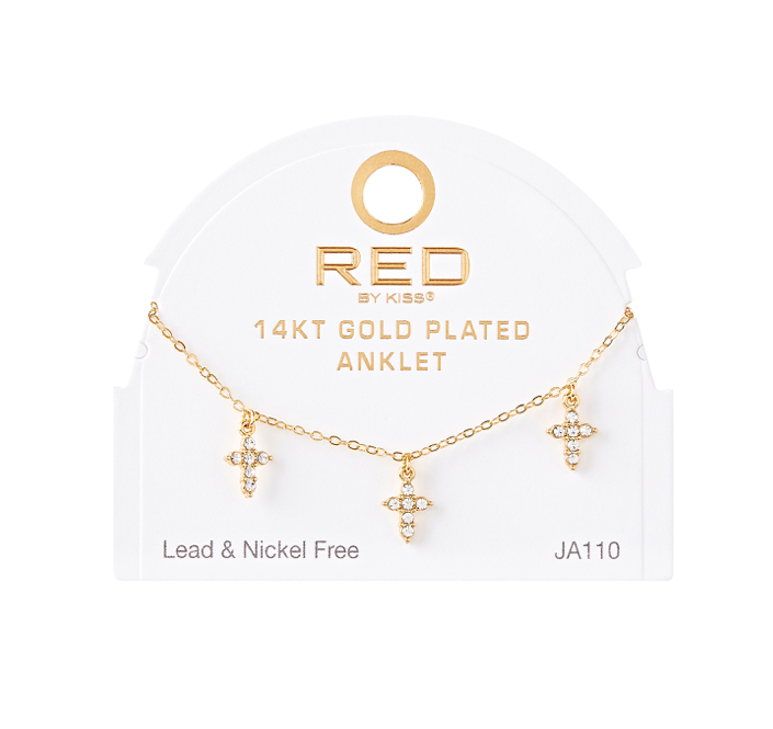 RED BY KISS 14 KT GOLD PLATED GLAM FAHION ANKLET STONE CROSS