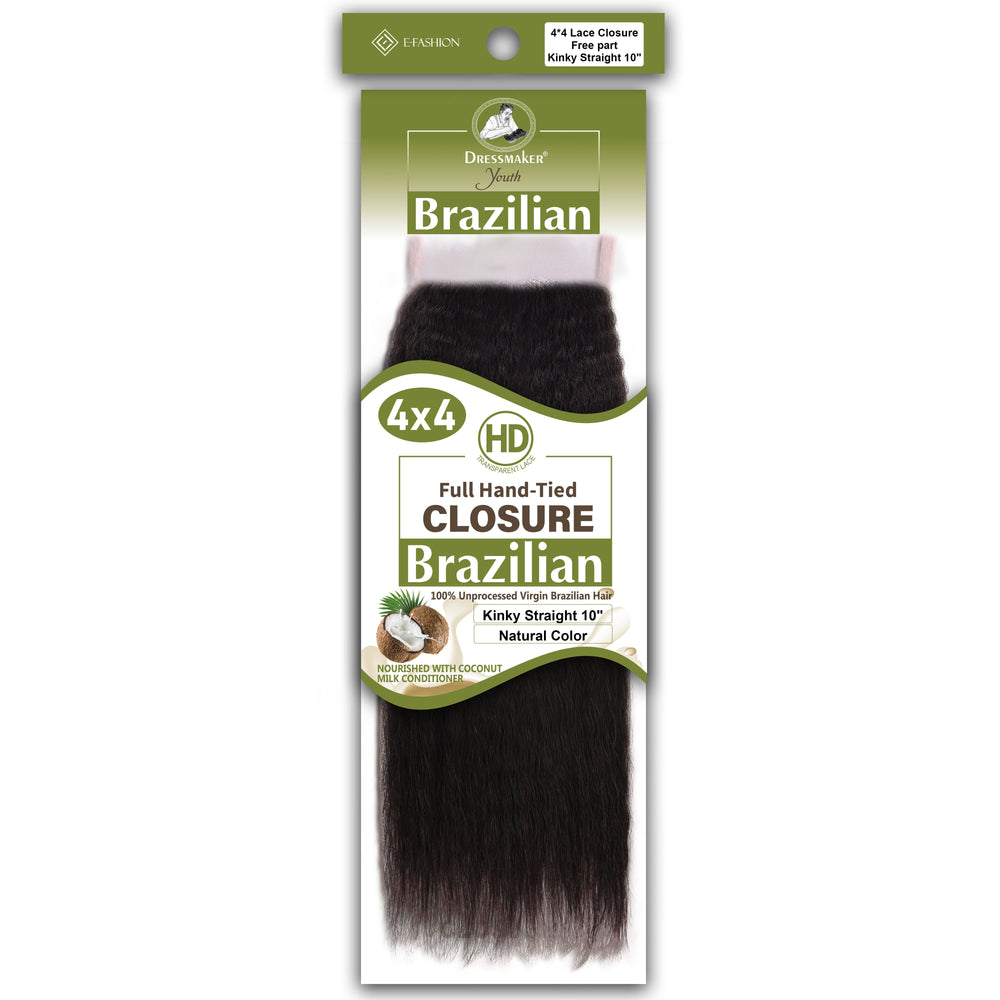 Dressmaker Youth 100% Unprocessed Virgin Brazilian HD Free Part Closure 4x4 Kinky Straight