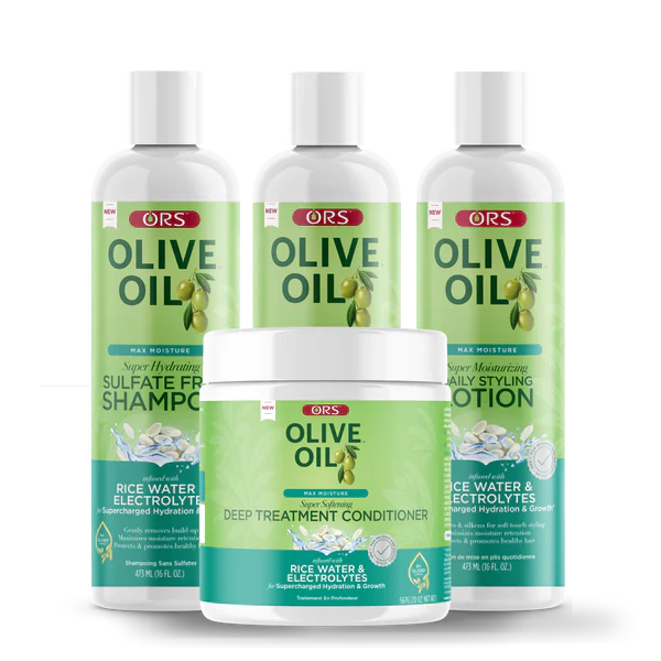 ORS Olive Oil Max Moisture Hydrating & Softening Bundle – Shampoo 473ml, Deep Conditioner 567g, Leave-In 473ml, Daily Styling Lotion 473ml