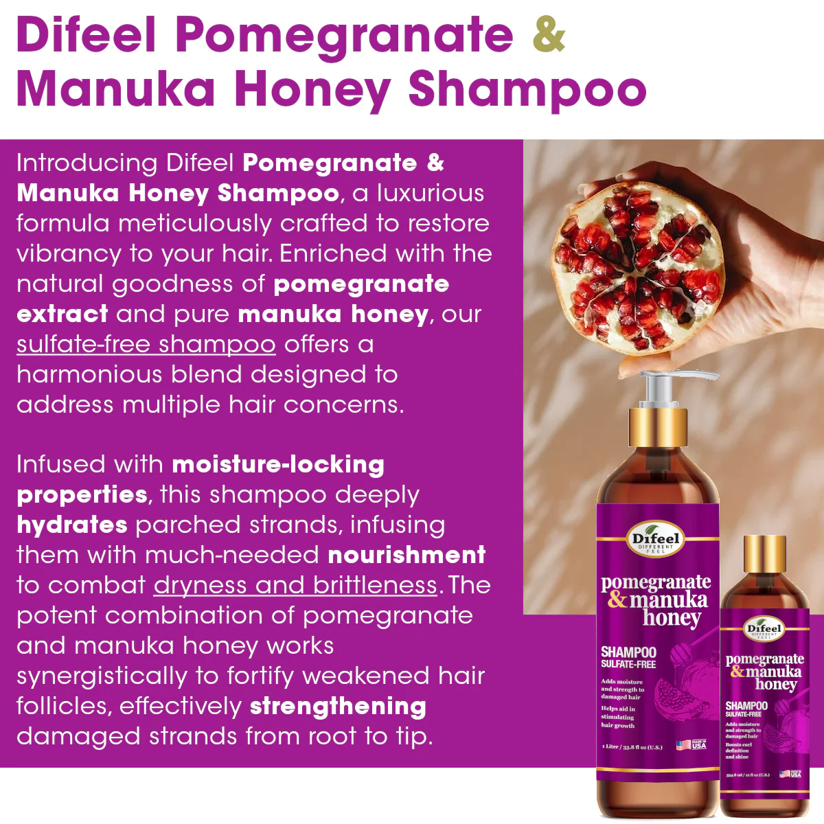 Difeel Pomegranate & Manuka Honey Sulfate-Free Shampoo 354ml