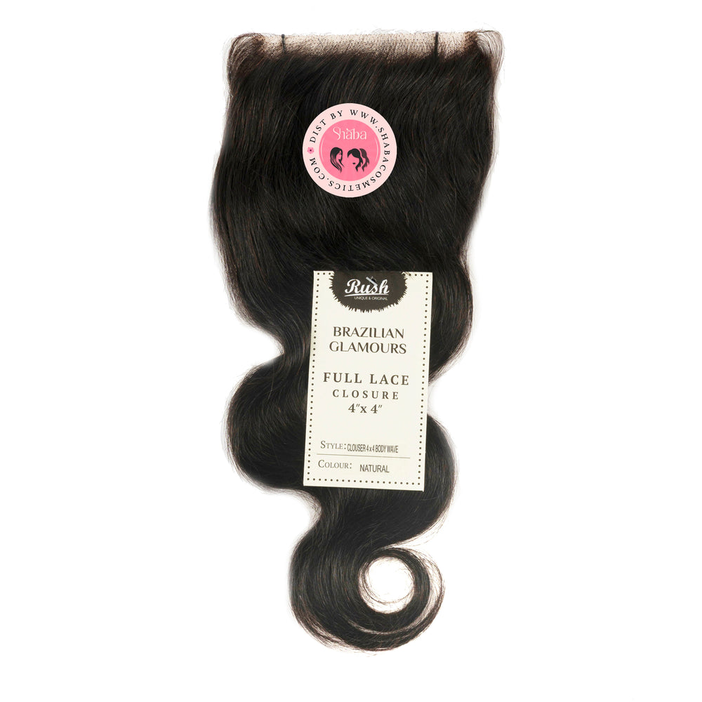 RUSH 100% Hand Crafted Brazilian Glamour Full Lace Closure 4x4 with Baby Hair Body Wave