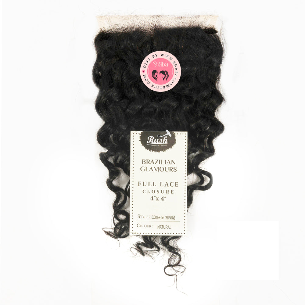 RUSH 100% Hand Crafted Brazilian Glamour Full Lace Closure 4x4 with Baby Hair Deep Wave