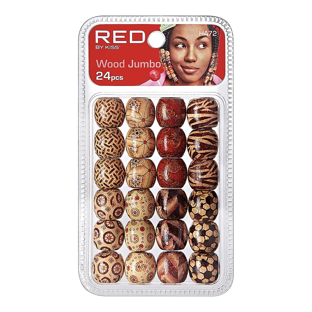 Red By Kiss Jumbo Wood Hair Beads (24pcs)  Colored Beads for Braid and Jewelry Making