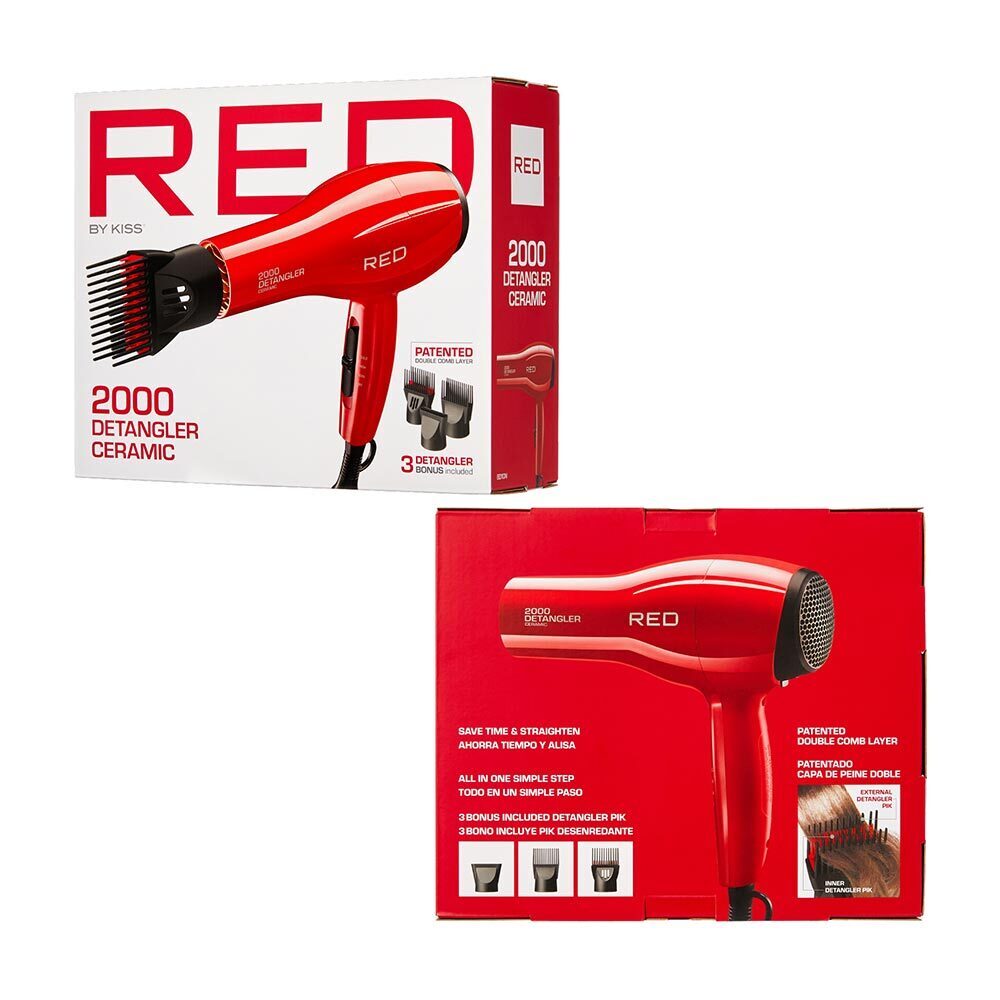 Red By kiss 2000 Ceramic Detangler Dryer 3 Styling Attachments